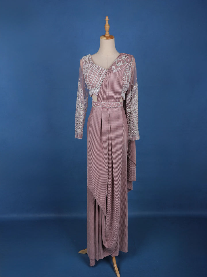 Light Pink Stripes Design Satin Ready To Wear Saree With Designer Blouse - Diadem