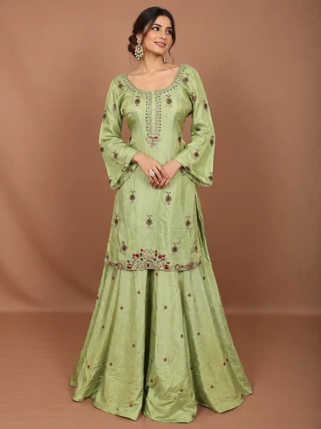 Light Pista Green Multicolor Stone and Zardozi Embroidered Design Tissue Silk Fancy Wear Lehenga