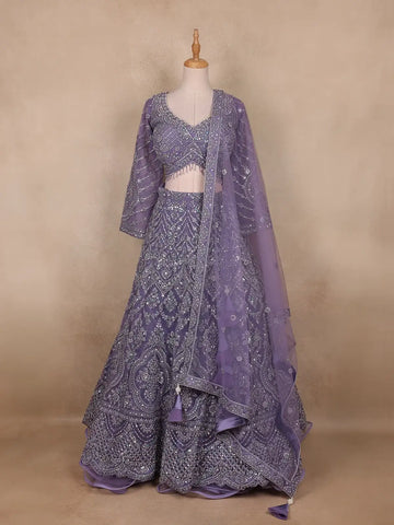 Light Purple Floral And Stone Embroidered Net Bridal Lehenga Set - Diadem