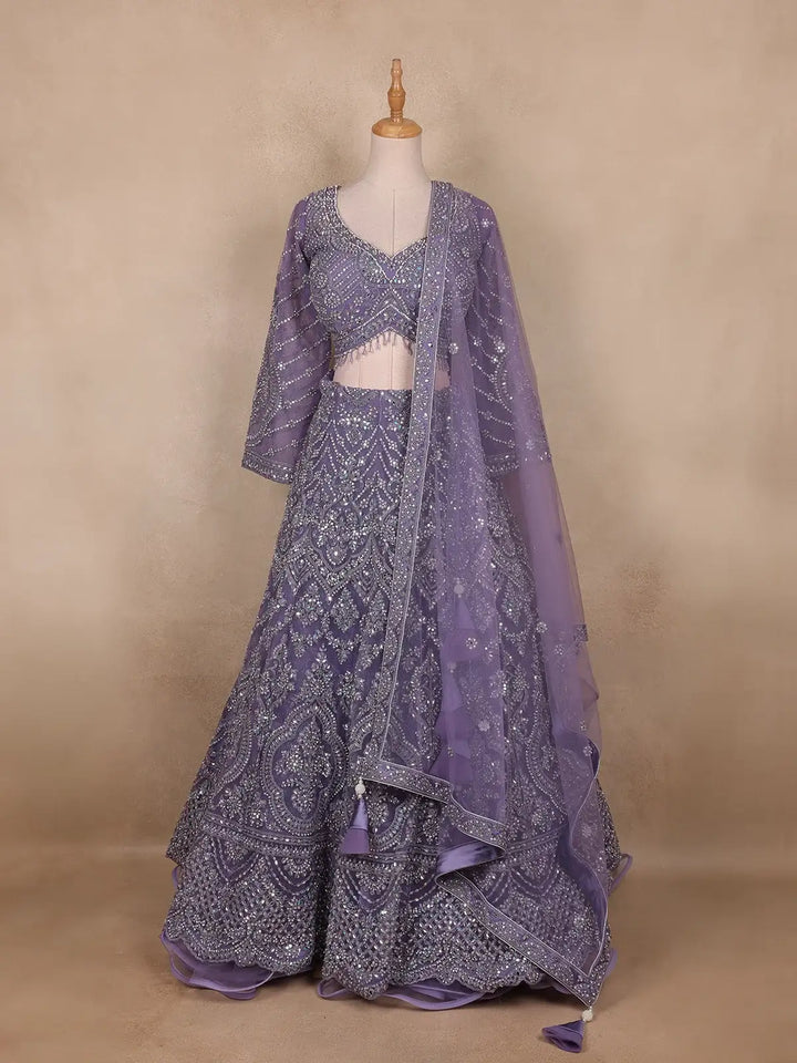 Light Purple Floral And Stone Embroidered Net Bridal Lehenga Set - Diadem