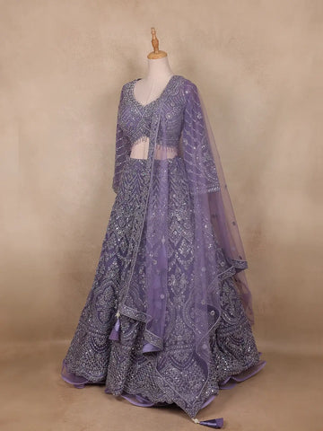 Light Purple Floral And Stone Embroidered Net Bridal Lehenga Set - Diadem