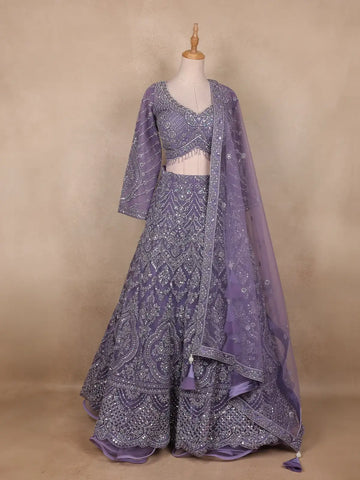 Light Purple Floral And Stone Embroidered Net Bridal Lehenga Set - Diadem