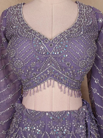 Light Purple Floral And Stone Embroidered Net Bridal Lehenga Set - Diadem