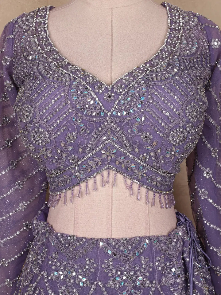 Light Purple Floral And Stone Embroidered Net Bridal Lehenga Set - Diadem