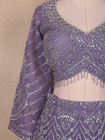 Light Purple Floral And Stone Embroidered Net Bridal Lehenga Set - Diadem