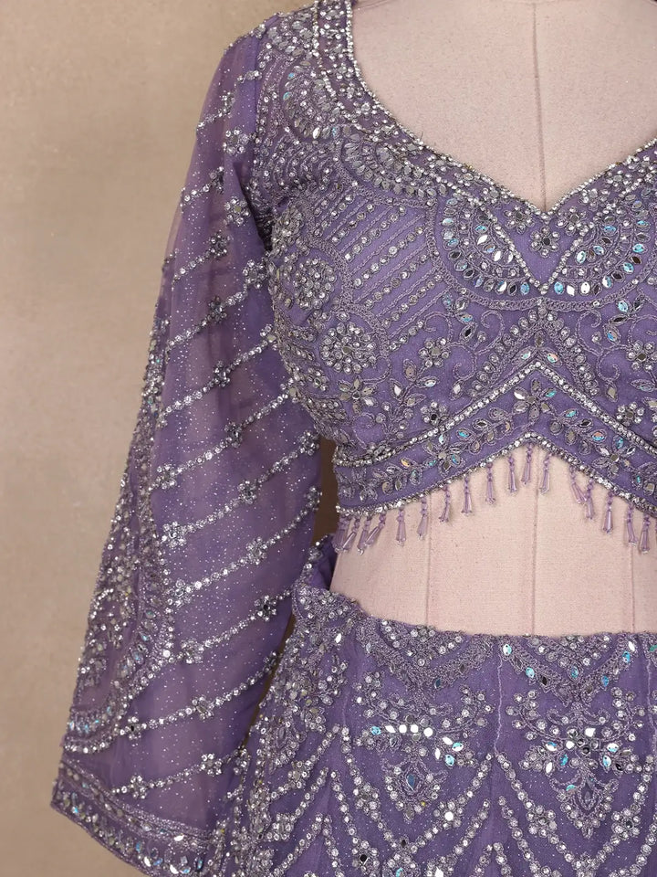 Light Purple Floral And Stone Embroidered Net Bridal Lehenga Set - Diadem
