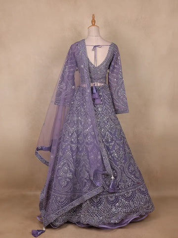 Light Purple Floral And Stone Embroidered Net Bridal Lehenga Set - Diadem