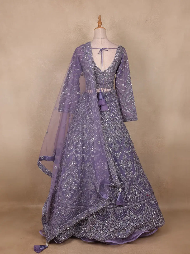 Light Purple Floral And Stone Embroidered Net Bridal Lehenga Set - Diadem