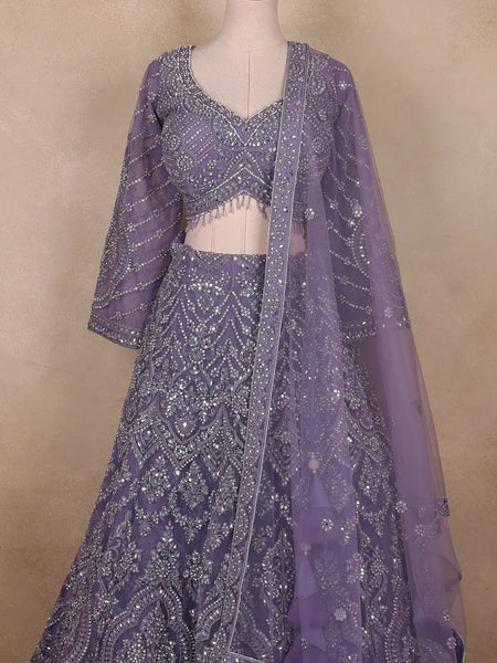 Light Purple Floral And Stone Embroidered Net Bridal Lehenga Set - Diadem