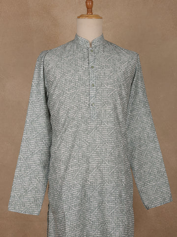 Light Sage Green Sequin Embellished Printed Kurta for Men - Diadem