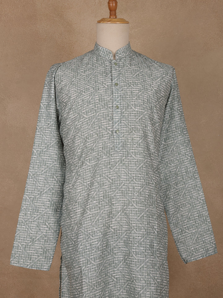 Light Sage Green Sequin Embellished Printed Kurta for Men - Diadem