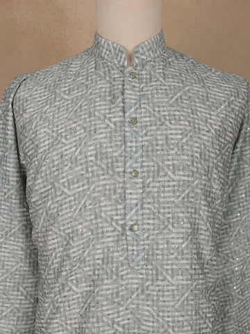 Light Sage Green Sequin Embellished Printed Kurta for Men - Diadem