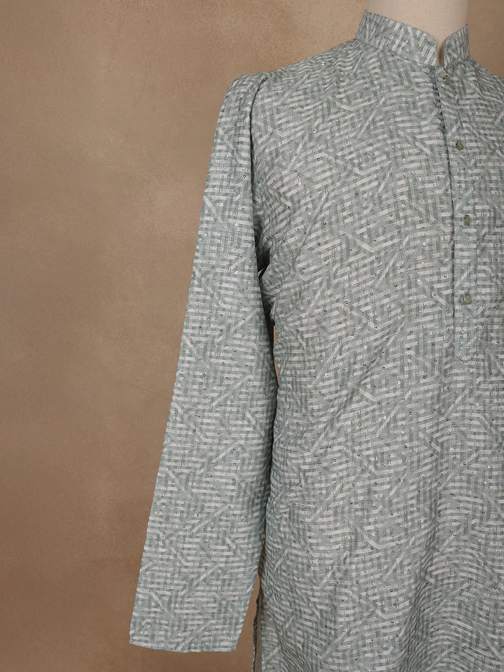 Light Sage Green Sequin Embellished Printed Kurta for Men - Diadem