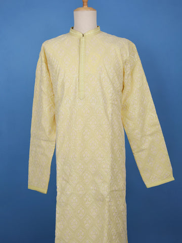 Light Yellow Floral Designed Cotton Kurta Set - Diadem