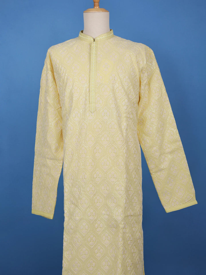 Light Yellow Floral Designed Cotton Kurta Set - Diadem