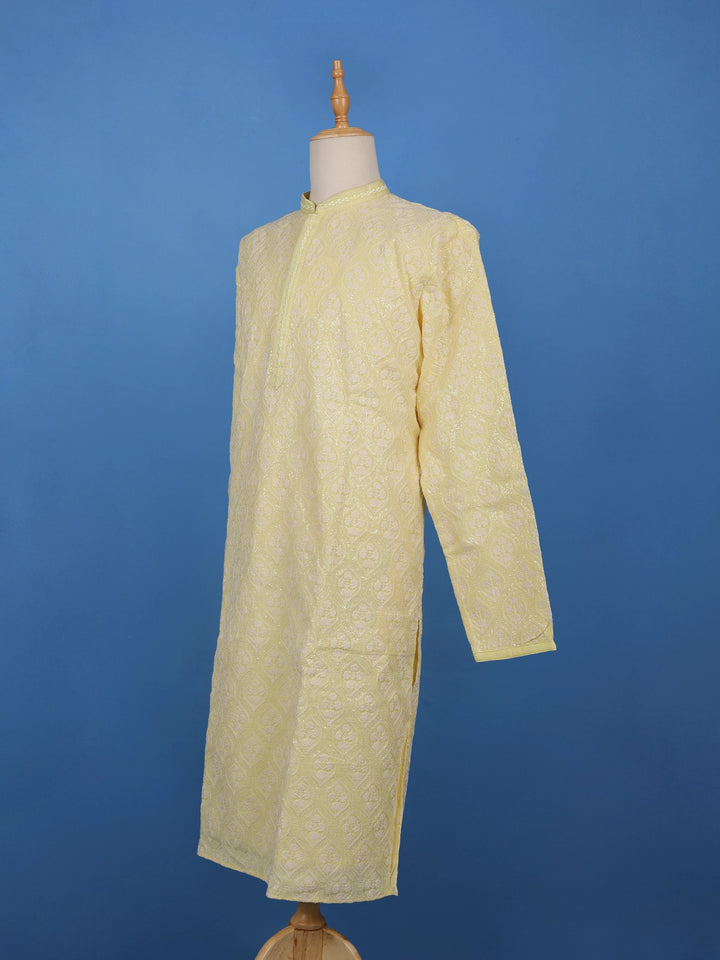Light Yellow Floral Designed Cotton Kurta Set - Diadem