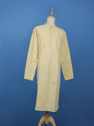 Light Yellow Floral Designed Cotton Kurta Set - Diadem