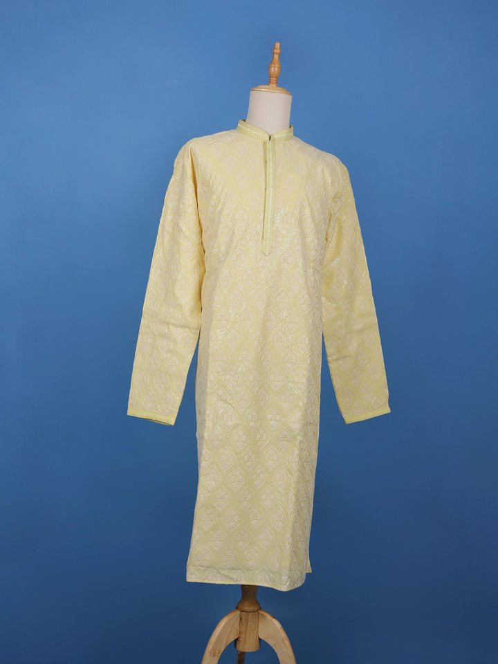 Light Yellow Floral Designed Cotton Kurta Set - Diadem