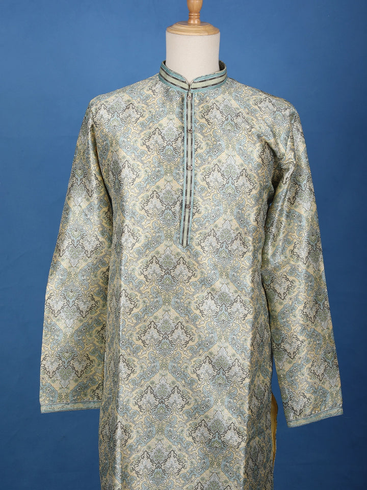 Light Yellow Floral Woven Silk Kurta For Men - Diadem