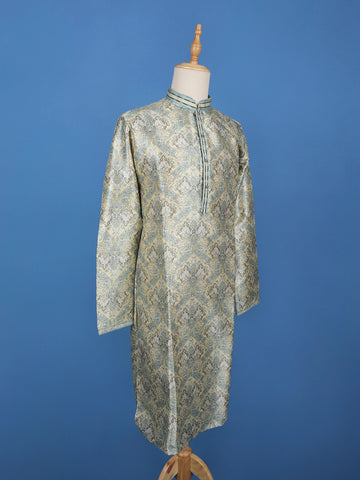 Light Yellow Floral Woven Silk Kurta For Men - Diadem