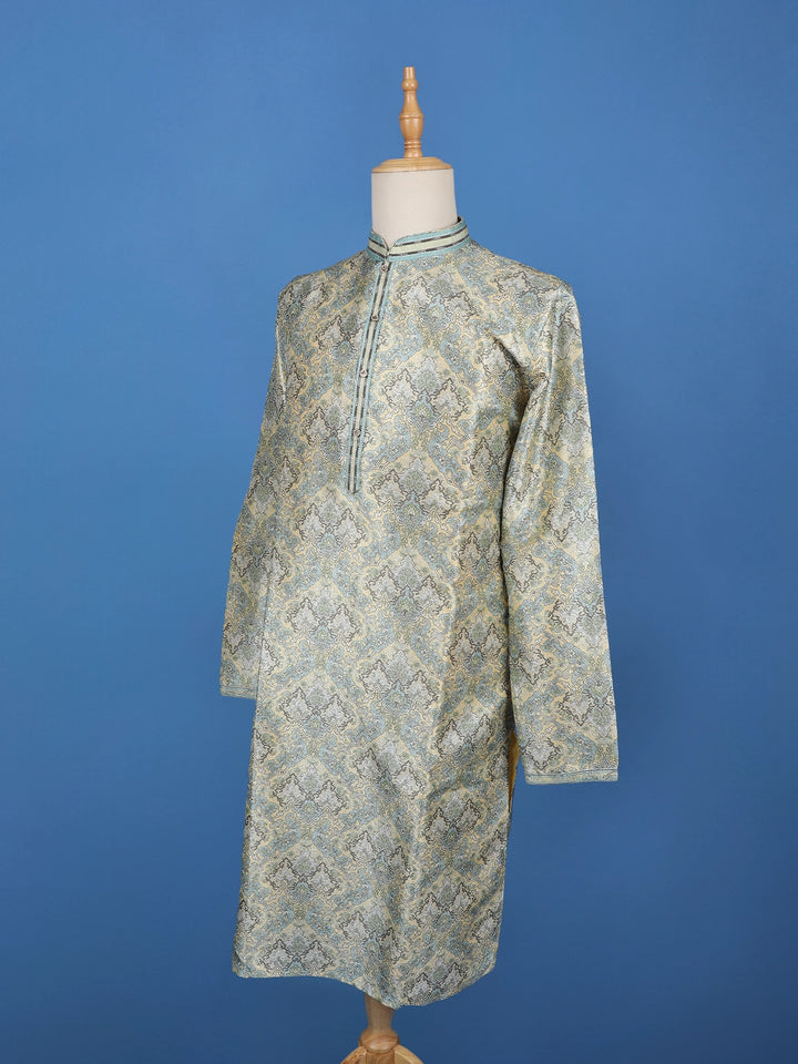 Light Yellow Floral Woven Silk Kurta For Men - Diadem