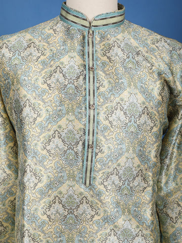 Light Yellow Floral Woven Silk Kurta For Men - Diadem