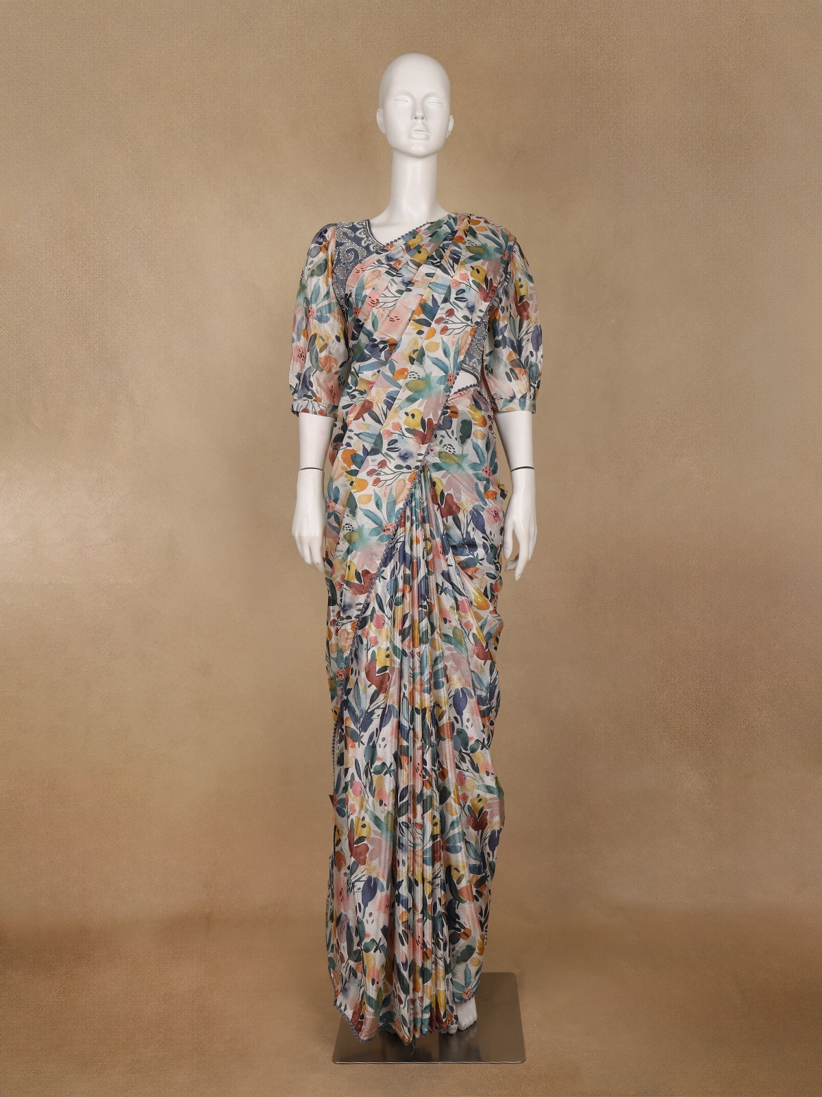 Light Beige Multicolor Floral Printed Synthetic Saree with Embroidered Blouse - Diadem