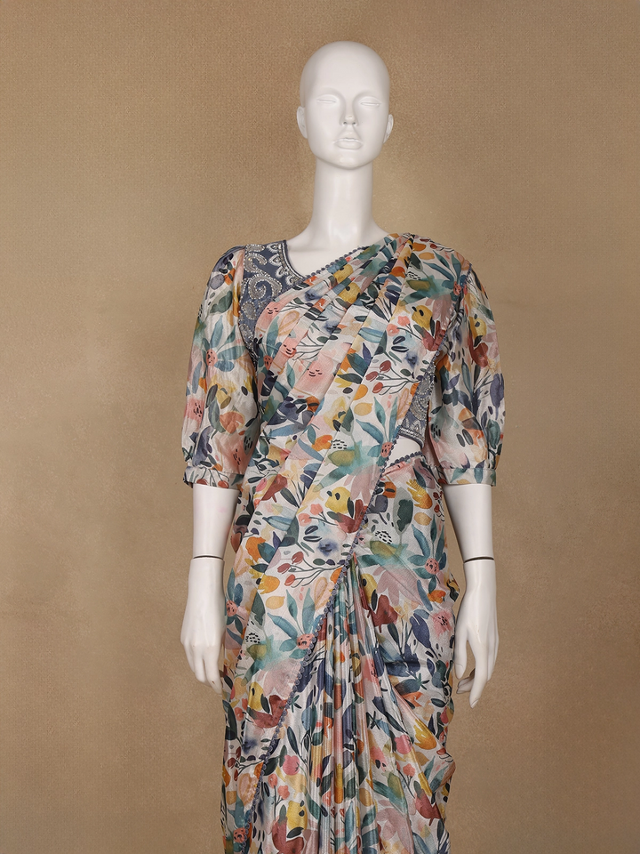 Light Beige Multicolor Floral Printed Synthetic Saree with Embroidered Blouse - Diadem