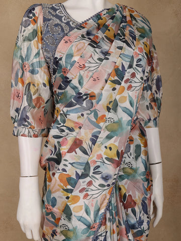 Light Beige Multicolor Floral Printed Synthetic Saree with Embroidered Blouse - Diadem