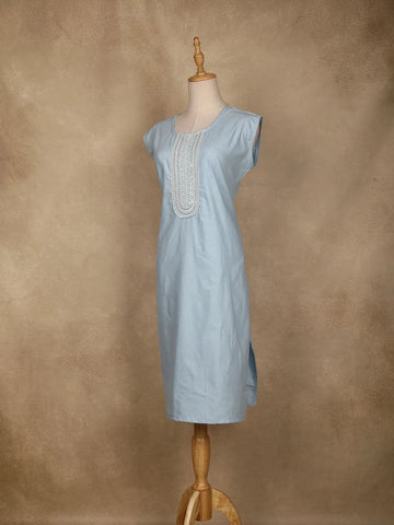Light Blue Floral Designed Cotton Kurti - Diadem