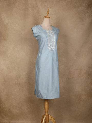 Light Blue Floral Designed Cotton Kurti - Diadem