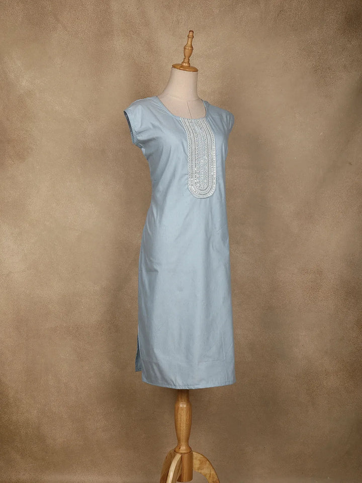 Light Blue Floral Designed Cotton Kurti - Diadem