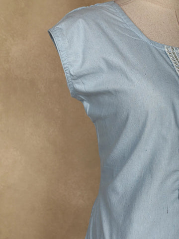 Light Blue Floral Designed Cotton Kurti - Diadem