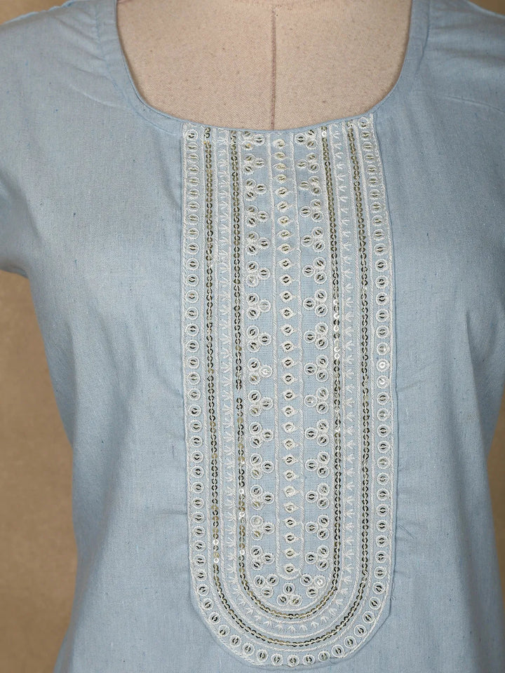 Light Blue Floral Designed Cotton Kurti - Diadem