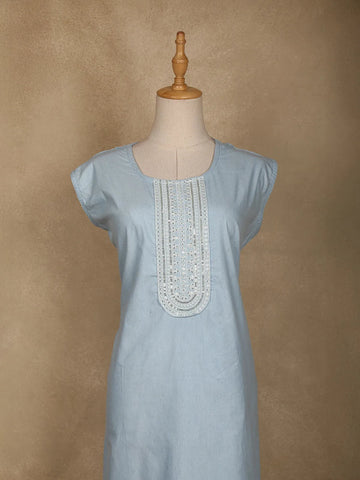 Light Blue Floral Designed Cotton Kurti - Diadem