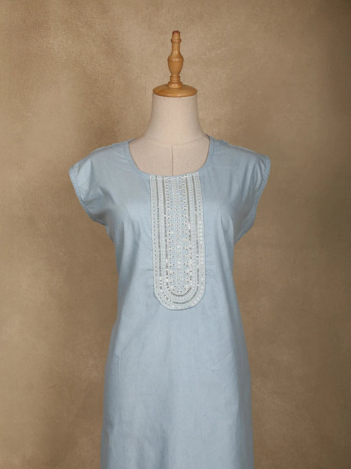Light Blue Floral Designed Cotton Kurti - Diadem