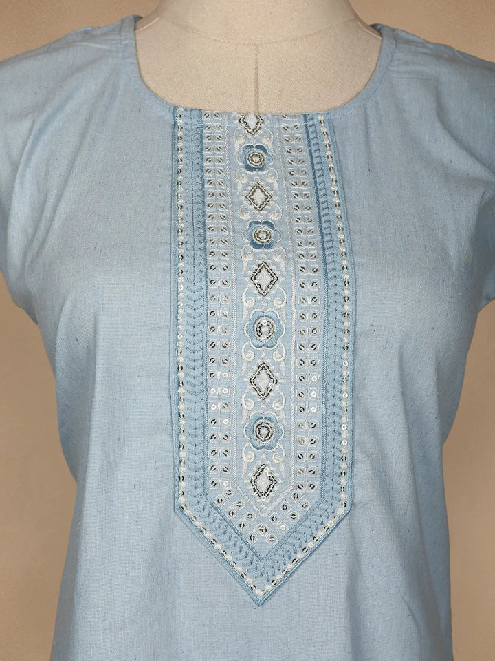 Light Blue Floral Designed Cotton Kurti - Diadem