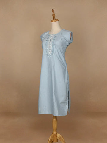 Light Blue Floral Designed Cotton Kurti - Diadem