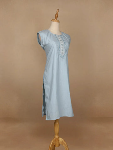 Light Blue Floral Designed Cotton Kurti - Diadem