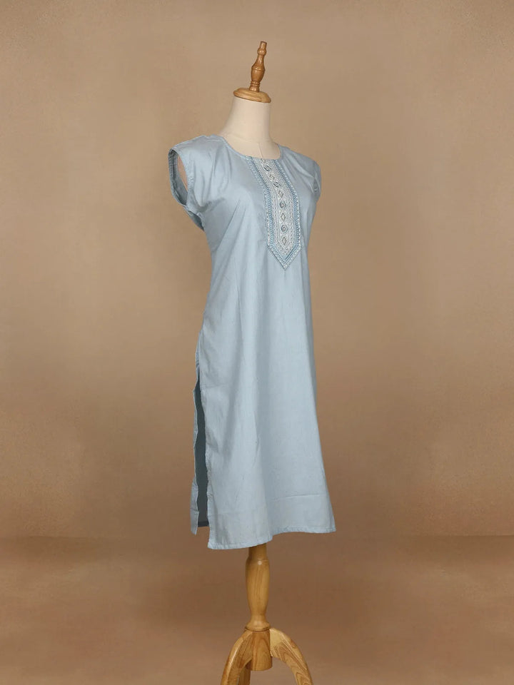 Light Blue Floral Designed Cotton Kurti - Diadem