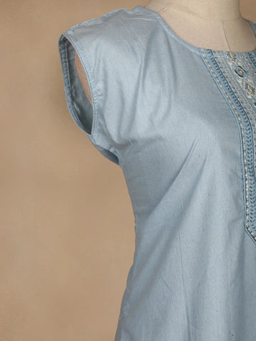 Light Blue Floral Designed Cotton Kurti - Diadem