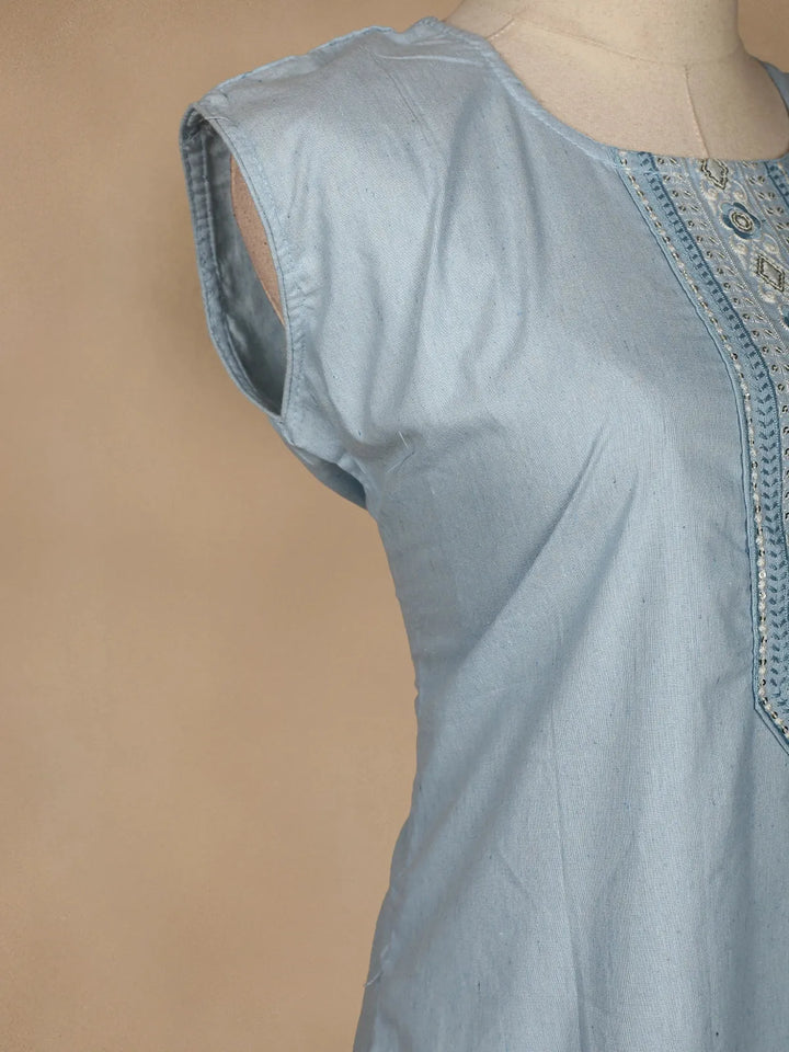 Light Blue Floral Designed Cotton Kurti - Diadem