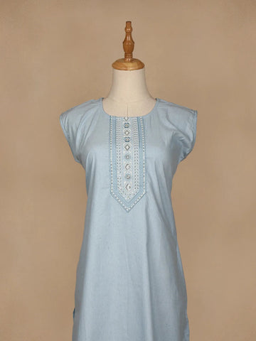 Light Blue Floral Designed Cotton Kurti - Diadem