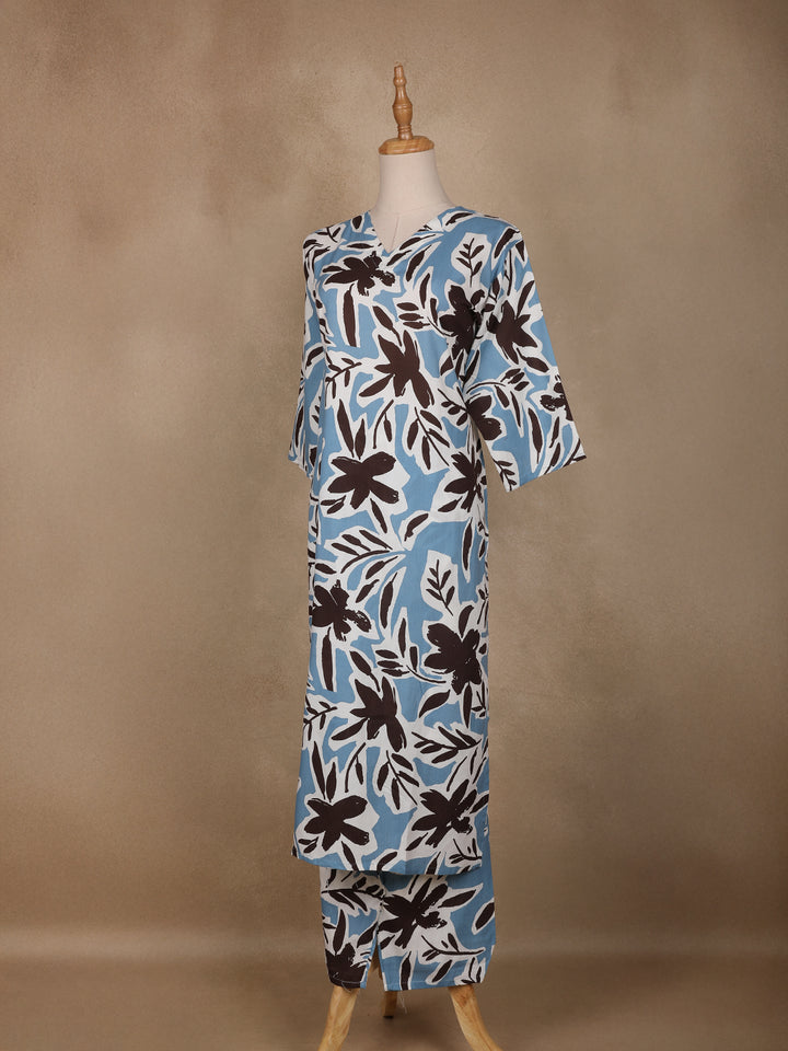 Light Blue Floral Designed Cotton Salwar Suit - Diadem
