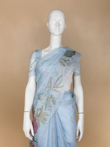 Light Blue Floral Designed Cotton Saree - Diadem