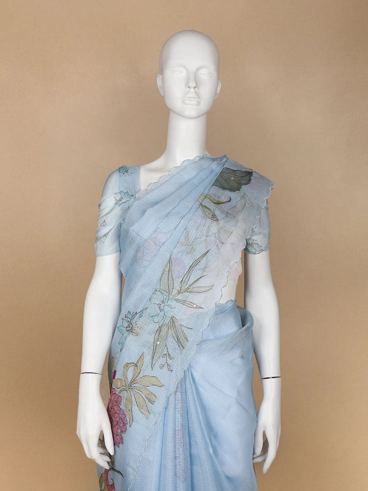 Light Blue Floral Designed Cotton Saree - Diadem