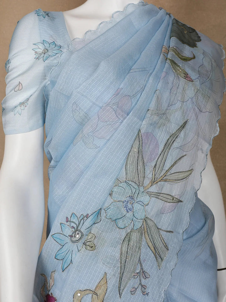 Light Blue Floral Designed Cotton Saree - Diadem