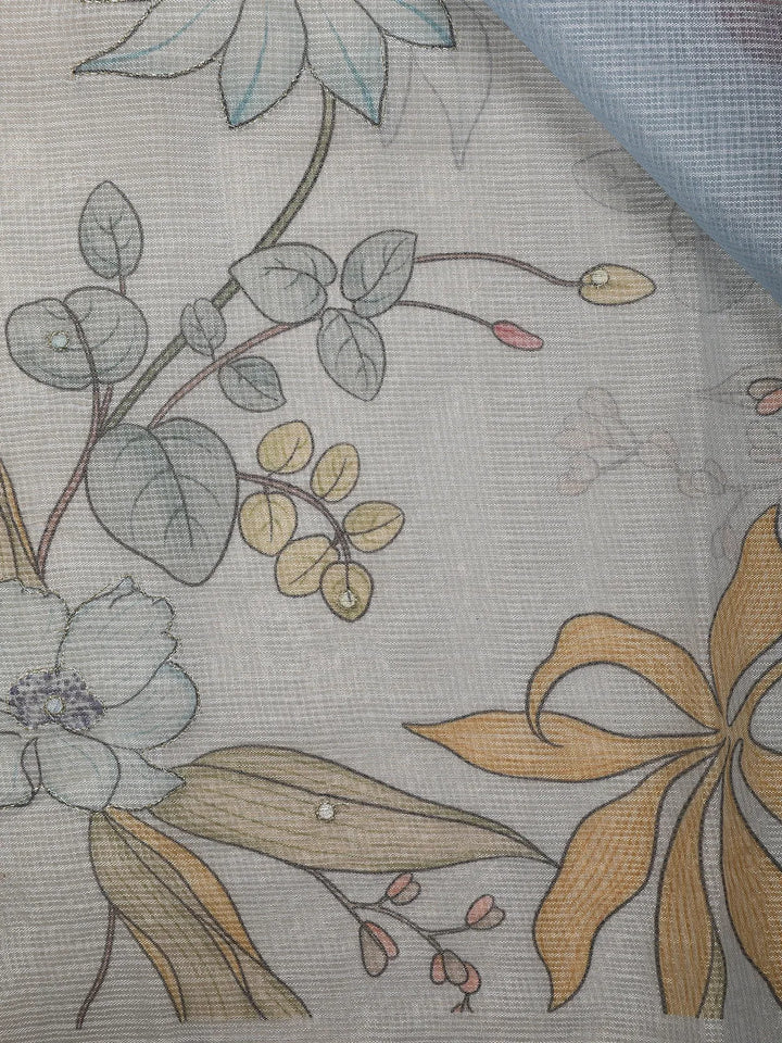 Light Blue Floral Designed Cotton Saree - Diadem