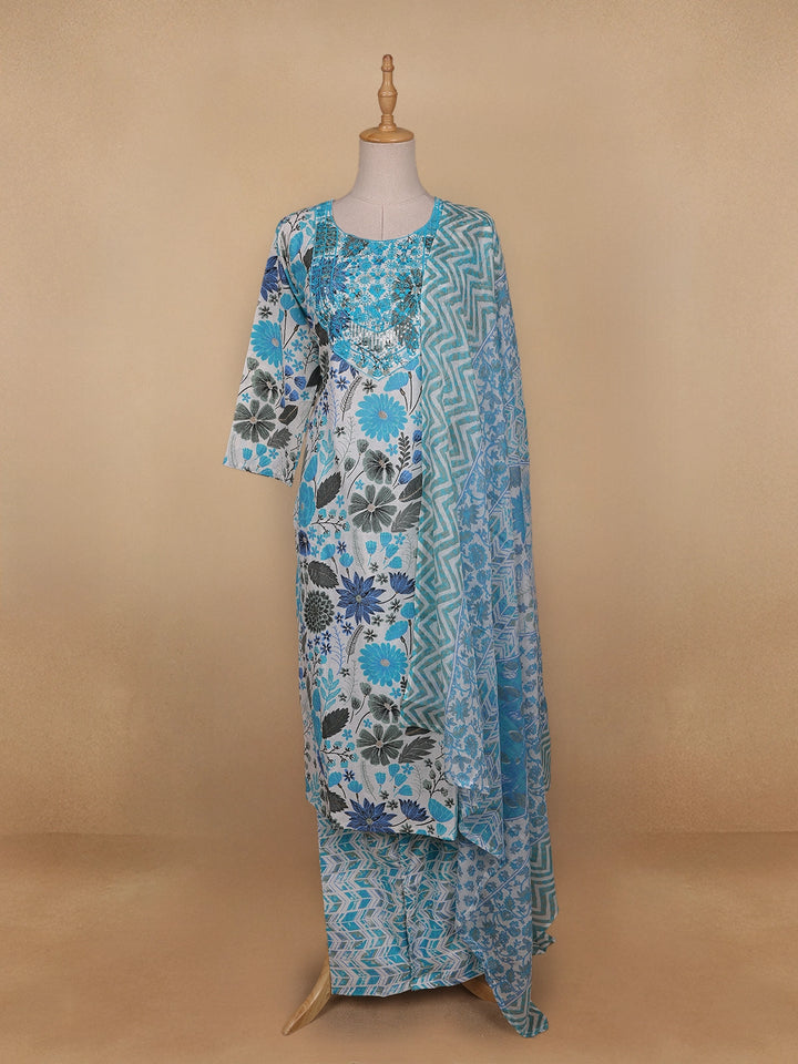 Light Blue Floral Designed Cotton Straight Cut Salwar Suit - Diadem