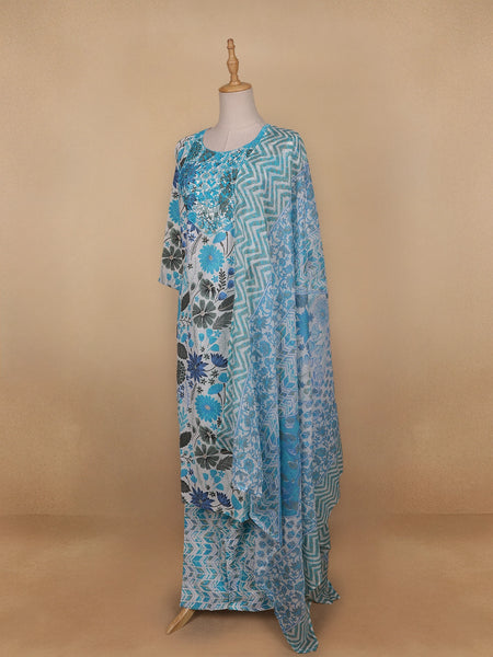 Light Blue Floral Designed Cotton Straight Cut Salwar Suit - Diadem